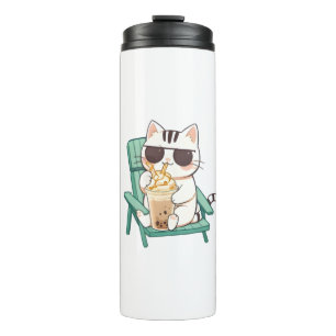 Termo Gato Kawaii Chibi con Gafas de Sol Bebiendo Frappè