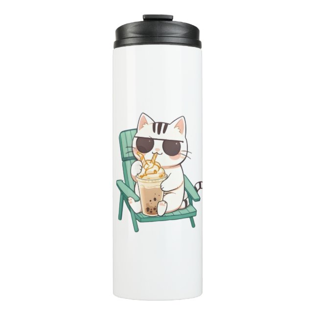 Termo Gato Kawaii Chibi con Gafas de Sol Bebiendo Frappè (Anverso)