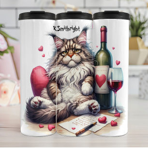 Termo Gato melancólico con vino y carta de amor