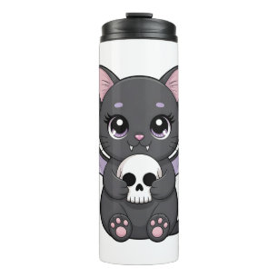 Termo Gato negro con alas de murciélago moradas abrazand