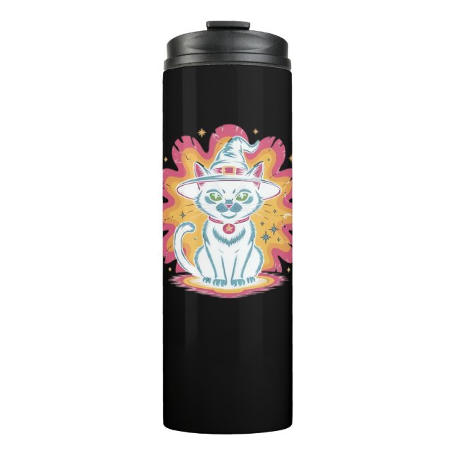 Termo Gato negro con flores psicodélicas T-Shir sobredim (Anverso)