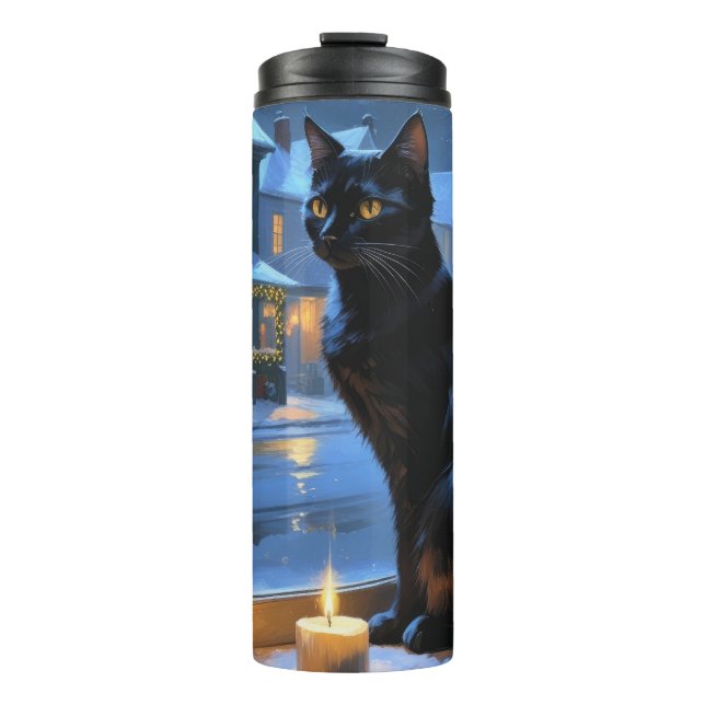Termo Gato Negro Con Luces de Navidad Fiesta (Anverso)