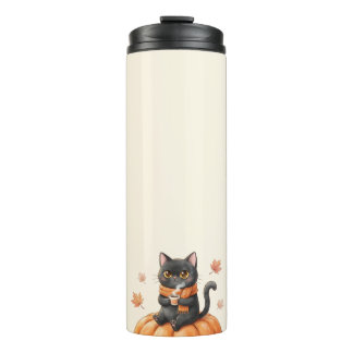 Termo Gato negro kawaii de otoño acogedor con latte de e