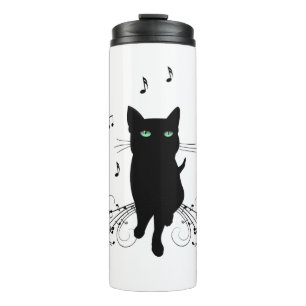 Termo Gato negro rodeado de notas susurrantes de música
