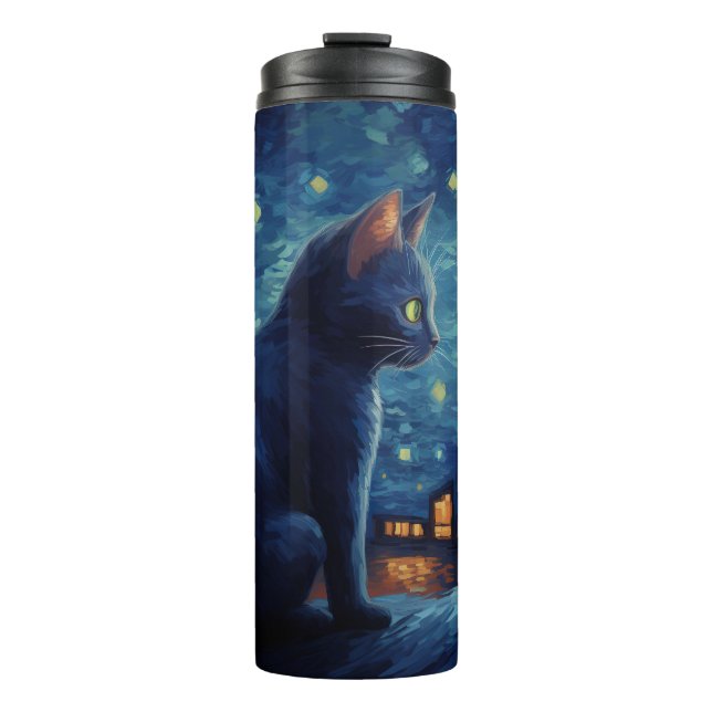 Termo Gato negro sentado en el edificio (Anverso)