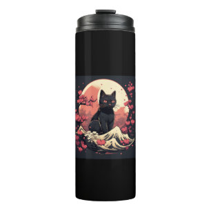 Termo Gato negro y acentos de flores de cerezo de luna c
