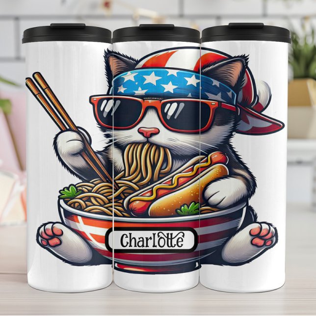 Termo Gato patriótico: Ramen, fiesta de perros calientes (Subido por el creador)