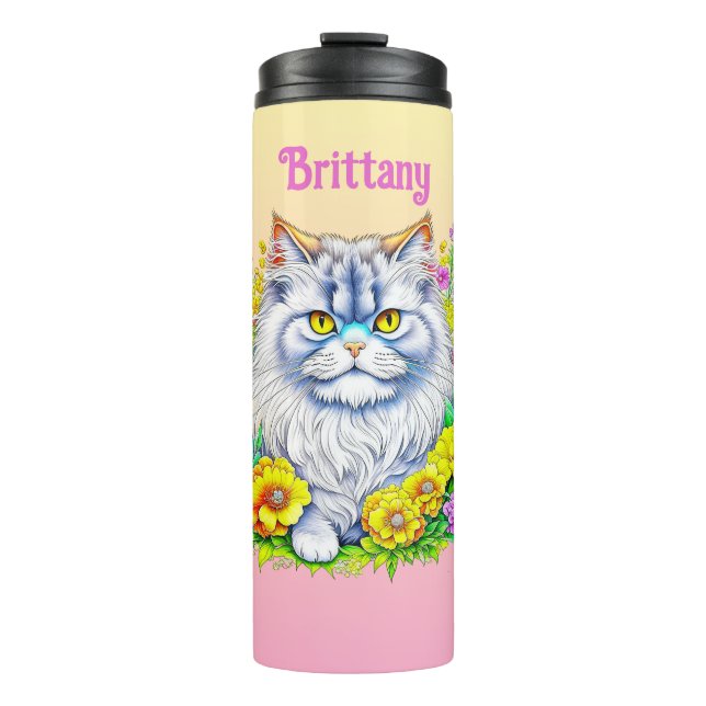 Termo Gato persa blanco con flores personalizado (Anverso)