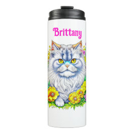Termo Gato persa blanco con flores personalizado