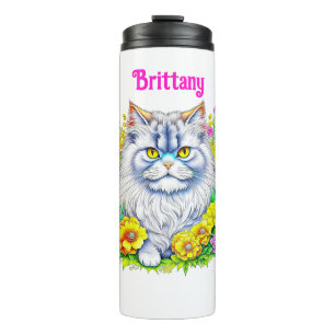 Termo Gato persa blanco con flores personalizado