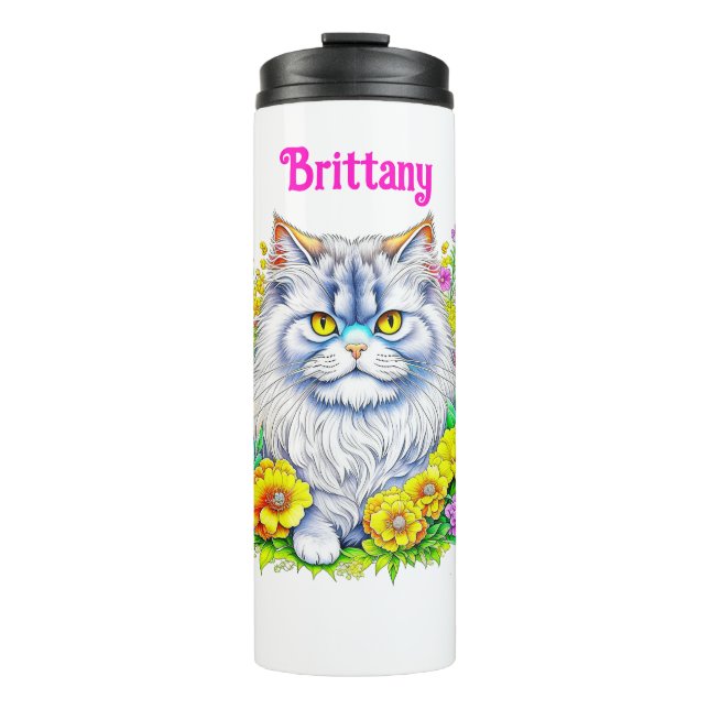 Termo Gato persa blanco con flores personalizado (Anverso)