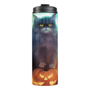Termo Gato siberiano de Halloween con calabazas aterrado