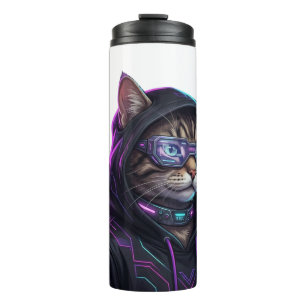Termo Gato Tabby Gamer Futurista Ciberpunk Neon Genial