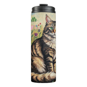 Termo Gato Tabby Gris Esponjoso y Flores de Arte Popular