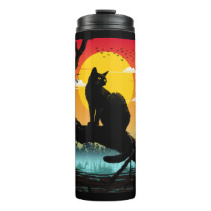 Termo Gato y árbol silueta atardecer
