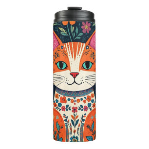 Termo Gato y flores de arte folclórico caprichosos