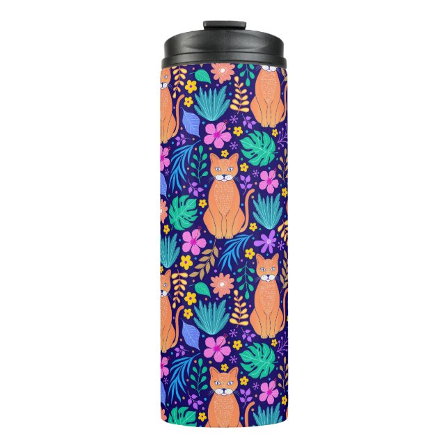 Termo Gatos y flores tropicales: Patrón oscuro (Anverso)