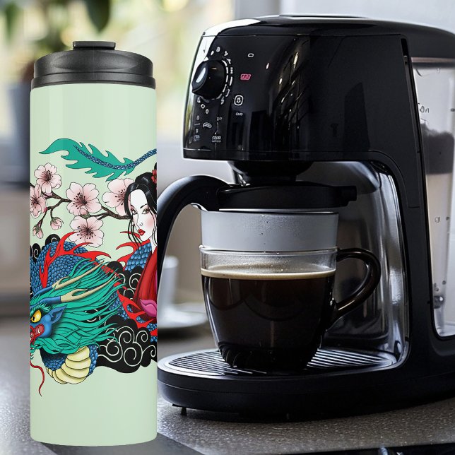 Termo Geisha asiática dragón flor de cerezo azul (Subido por el creador)