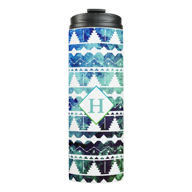 Termo Geode azteca azul azteca moderna con inicial (Anverso)