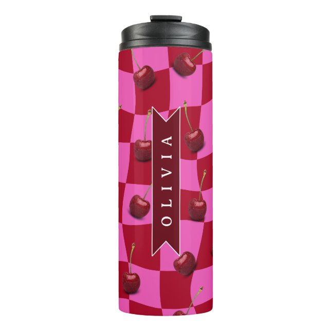 Termo Gingham de Cereza Personalizado Retro con Nombre P (Anverso)