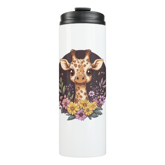 Termo Girafa Adorable Rodeada De Flores (Anverso)