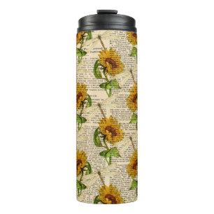 Termo Girasoles Libélulas Antiguo Periódico Estilo Campe