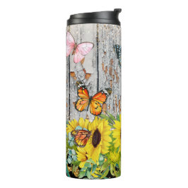 Termo Girasoles y mariposas con fondo de madera