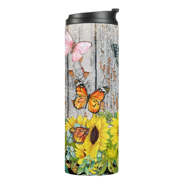 Termo Girasoles y mariposas con fondo de madera (Rotado hacia la izquierda)