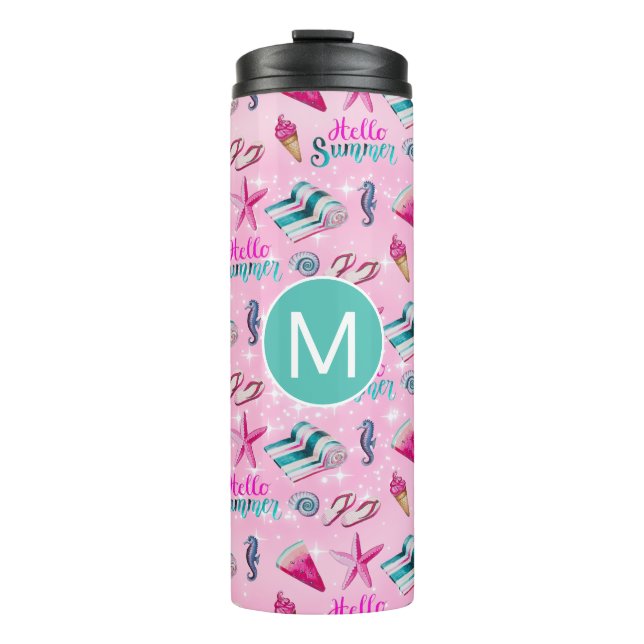 Termo Girly Pink Summer Beach Holiday Pattern Monogram (Anverso)