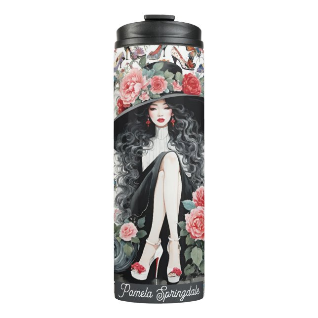 Termo Glam Woman en enorme Gorra con flores y tacones al (Anverso)