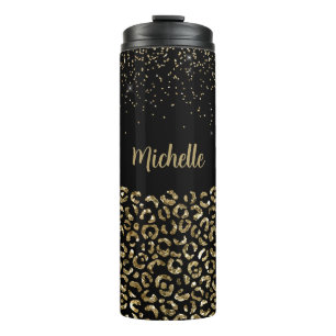 Termo Glitter de Leopardo Negro Personalizar Nombre