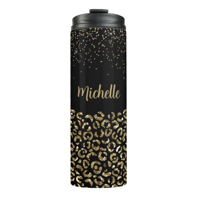 Termo Glitter de Leopardo Negro Personalizar Nombre (Anverso)