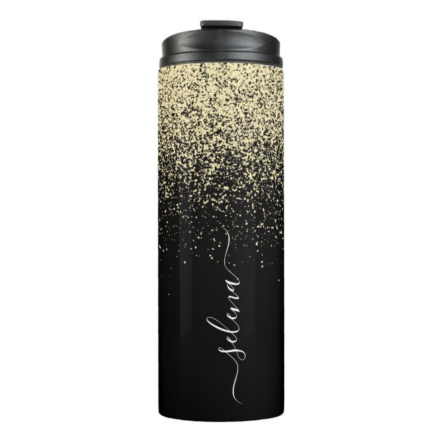 Termo Glitter de Oro Negro Monograma Femenino (Anverso)