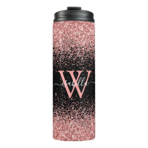 Termo Glitter Negro Rosa Elegante Monograma de Nombre en