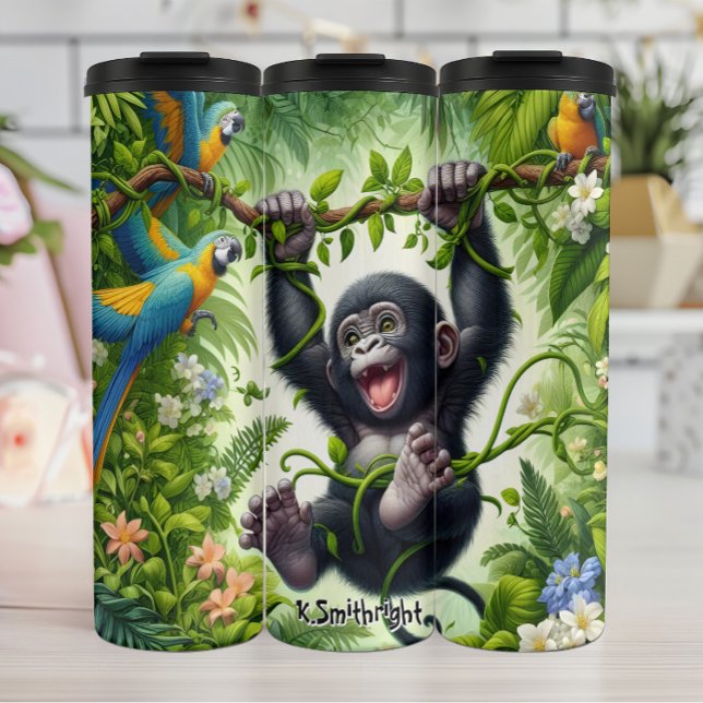 Termo Gorila bebé feliz se balancea en la jungla (Subido por el creador)