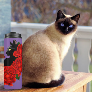 Termo Gótico Gato Negro Rosas Rojas Púrpura