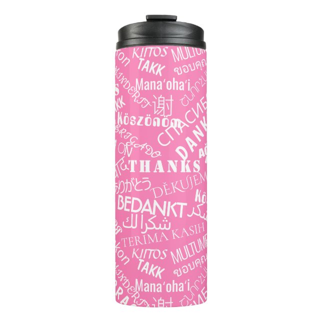 Termo Gracias Tumbler térmico rosa de texto multilingüe (Anverso)