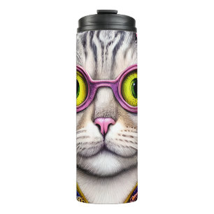 Termo Gracioso Cat Funky Retro Usando Gafas