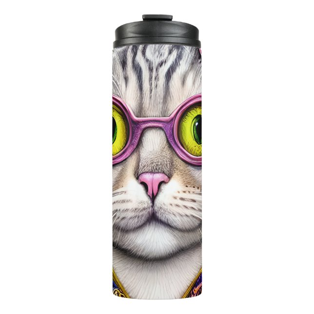 Termo Gracioso Cat Funky Retro Usando Gafas (Anverso)