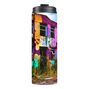 Termo Graffiti rosa y morado   Edificio abandonado