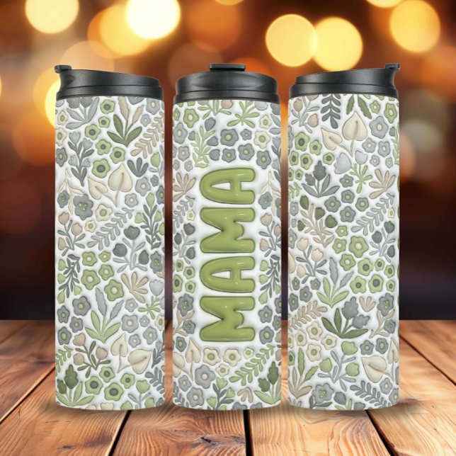 Termo Gray Sage Boho Floral Efecto 3D Mama (3D Inflated Gray Sage Boho Flowers Mama Thermal Tumbler)