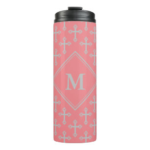Termo Gris rosa rosado monograma de la CRUZ elegante