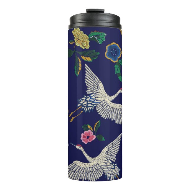 Termo Grúas, olas y flores japonesas. Embroidery ill (Anverso)