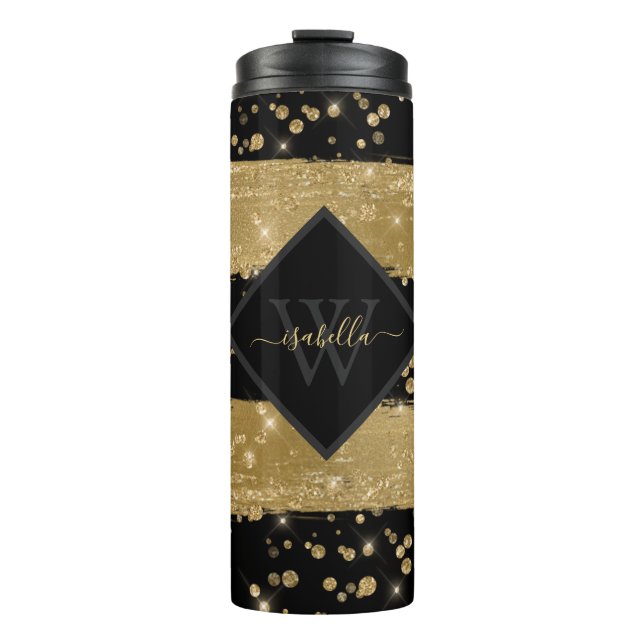 Termo Guión Monogramado Girly Modern Black Gold Purpurin (Anverso)