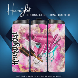 Termo Hairstylist floral rosa personalizado