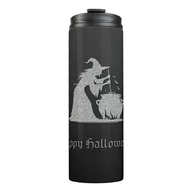 Termo Halloween de Brujas y Calderones Plateados (Anverso)