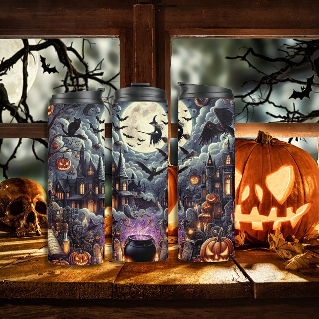 Termo Halloween espeluznante casa Bruja y calabazas (Spooky Halloween haunted house Witch and Pumpkins Thermal Tumbler)