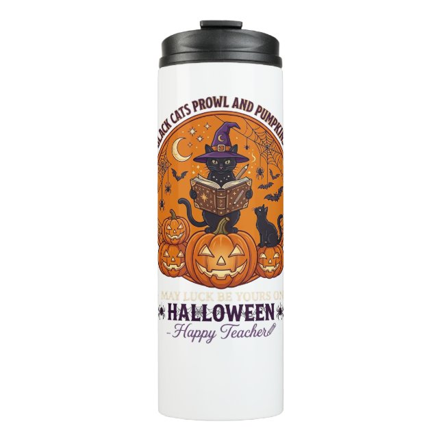 Termo Halloween Feliz Profesor Gato Negro Sombrero de Br (Anverso)