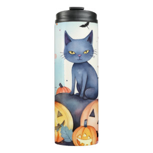 Termo Halloween Gato Azul Oriental Con Calabazas Espeluz