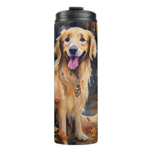 Termo Halloween Golden Retriever con calabazas aterrador